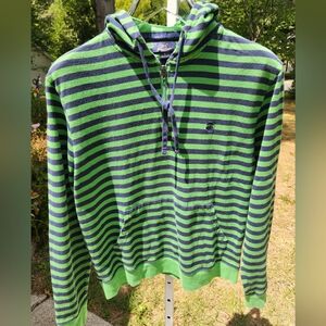 ☘️Brooks Brothers🍀 365 Men's blue/ green striped Hooded Quarterzip- size Medium